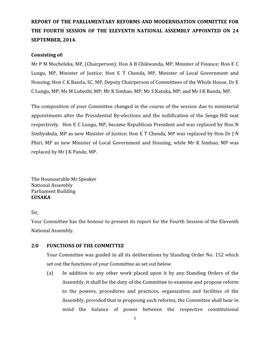 Report of the Parliamentary Reforms and Modernisation Committee for the Fourth Session of the Eleventh National Assembly Appointed on 24 September, 2014
