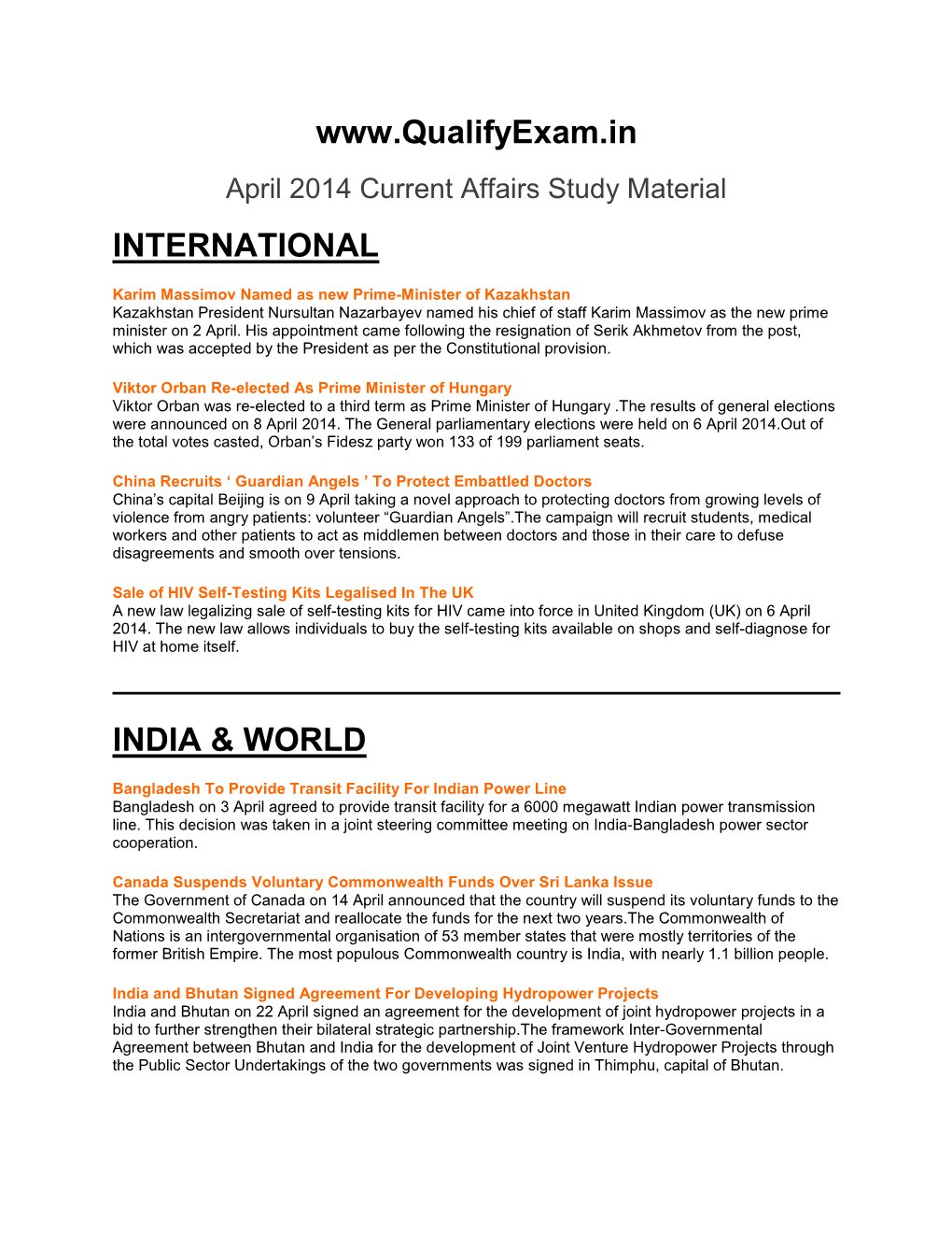 Download April 2014 Current Affair Study Material