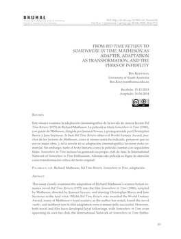 From Bid Time Return to Somewhere in Time: Matheson As Adapter, Adaptation As Transformation, and the Perks of Infidelity