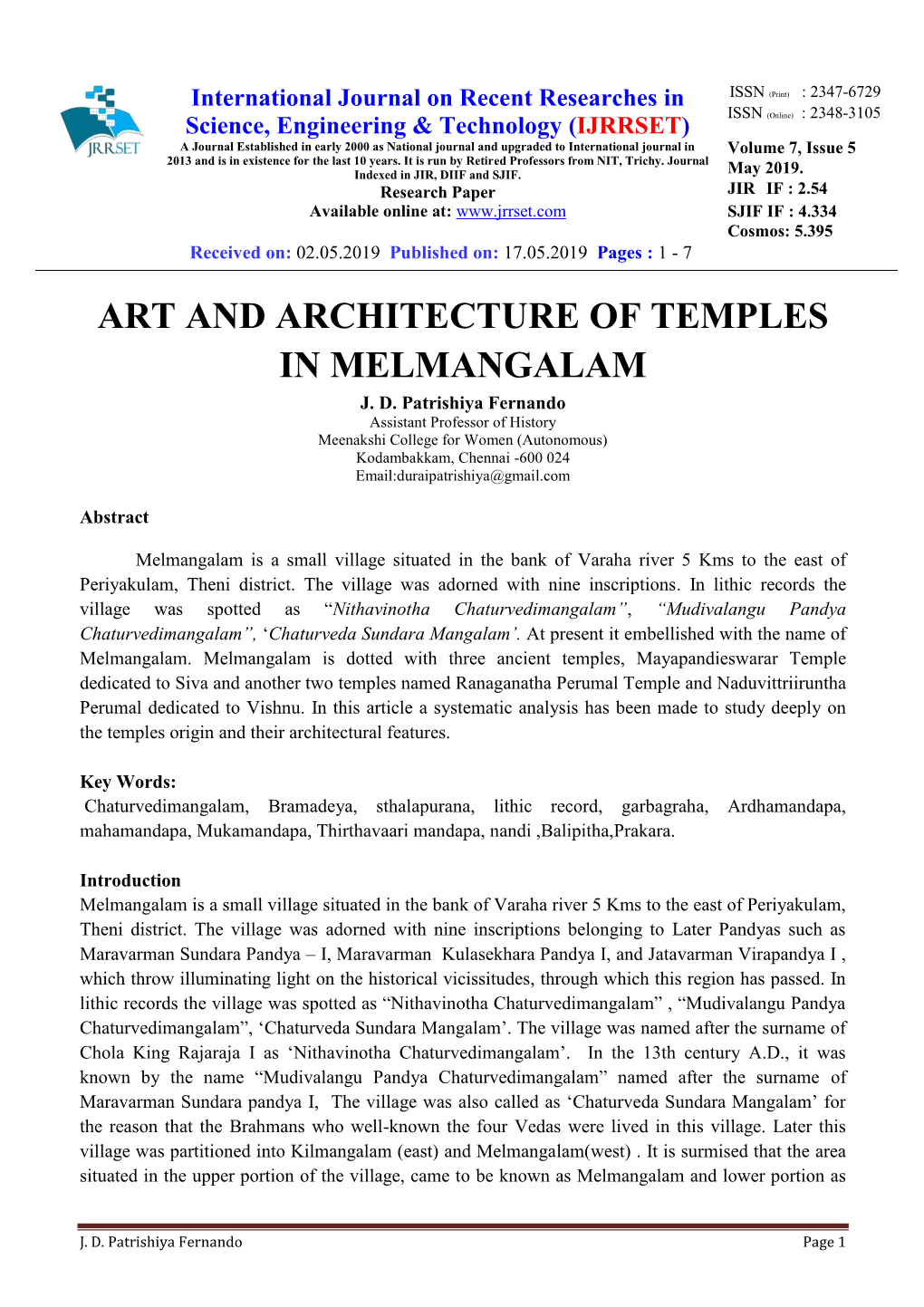 Art and Architecture of Temples in Melmangalam J