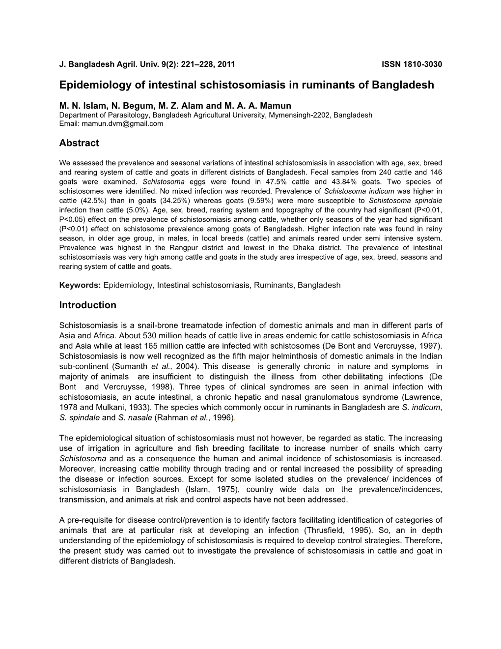 Epidemiology of Intestinal Schistosomiasis in Ruminants of Bangladesh