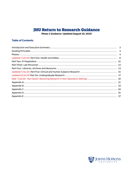 JHU Return to Research Guidance Phase 1 Guidance: Updated August 10, 2020