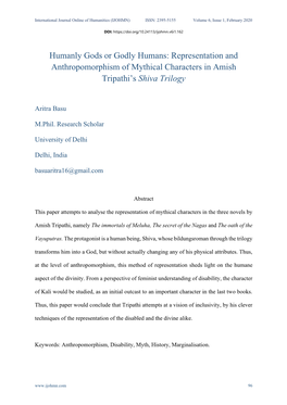 Representation and Anthropomorphism of Mythical Characters in Amish Tripathi's Shiva Trilogy