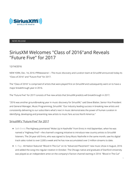 Siriusxm Welcomes "Class of 2016"And Reveals "Future Five" for 2017