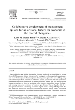 Collaborative Development of Management Options for an Artisanal ﬁshery for Seahorses in the Central Philippines
