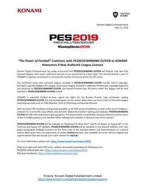 “The Power of Football” Continues with PES2019/WINNING ELEVEN As KONAMI Announces 9 New Authentic League Licenses