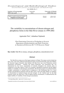 The Variability in Concentrations of Chosen Nitrogen and Phosphorus Forms in the Oder River Estuary in 1999-2002