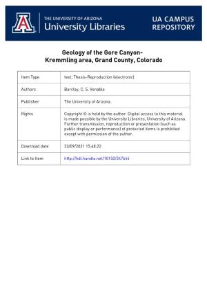 Geology of the Gore Canyon-Kremmling.Area