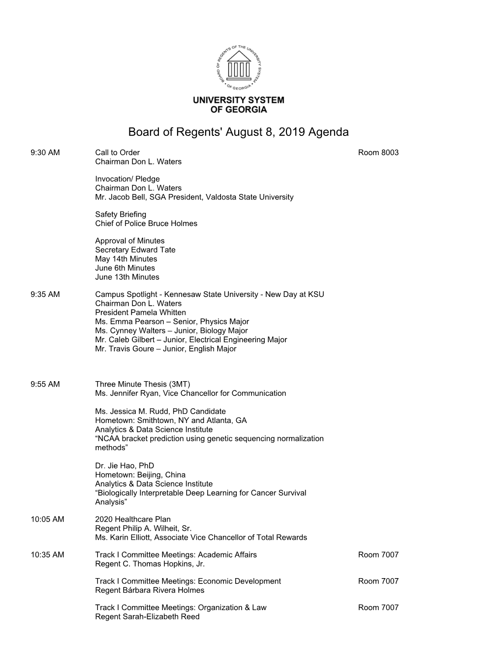 Board of Regents' August 8, 2019 Agenda - DocsLib