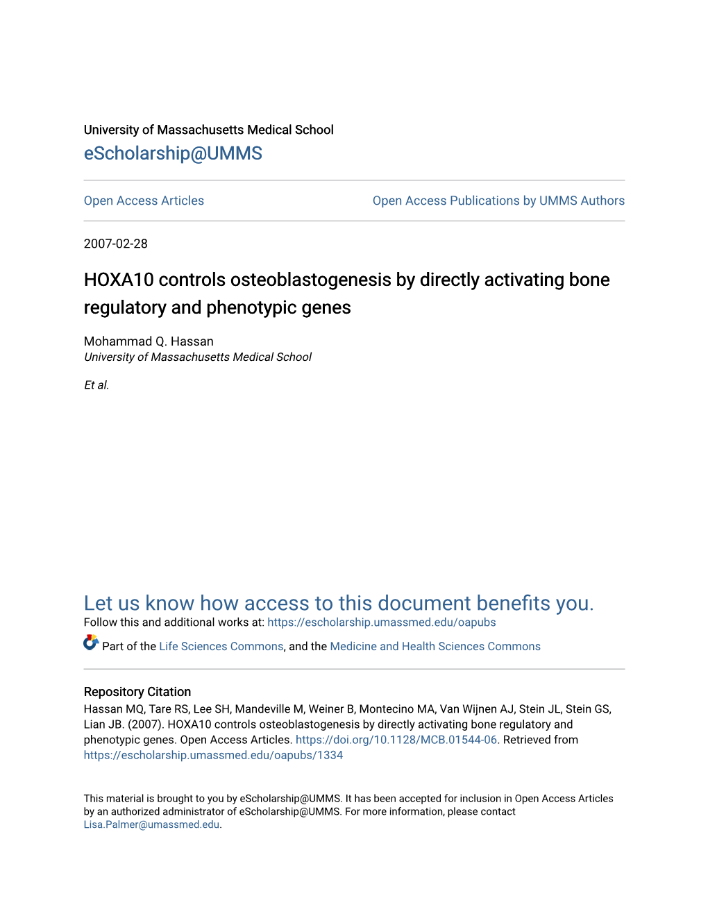 HOXA10 Controls Osteoblastogenesis by Directly Activating Bone Regulatory and Phenotypic Genes