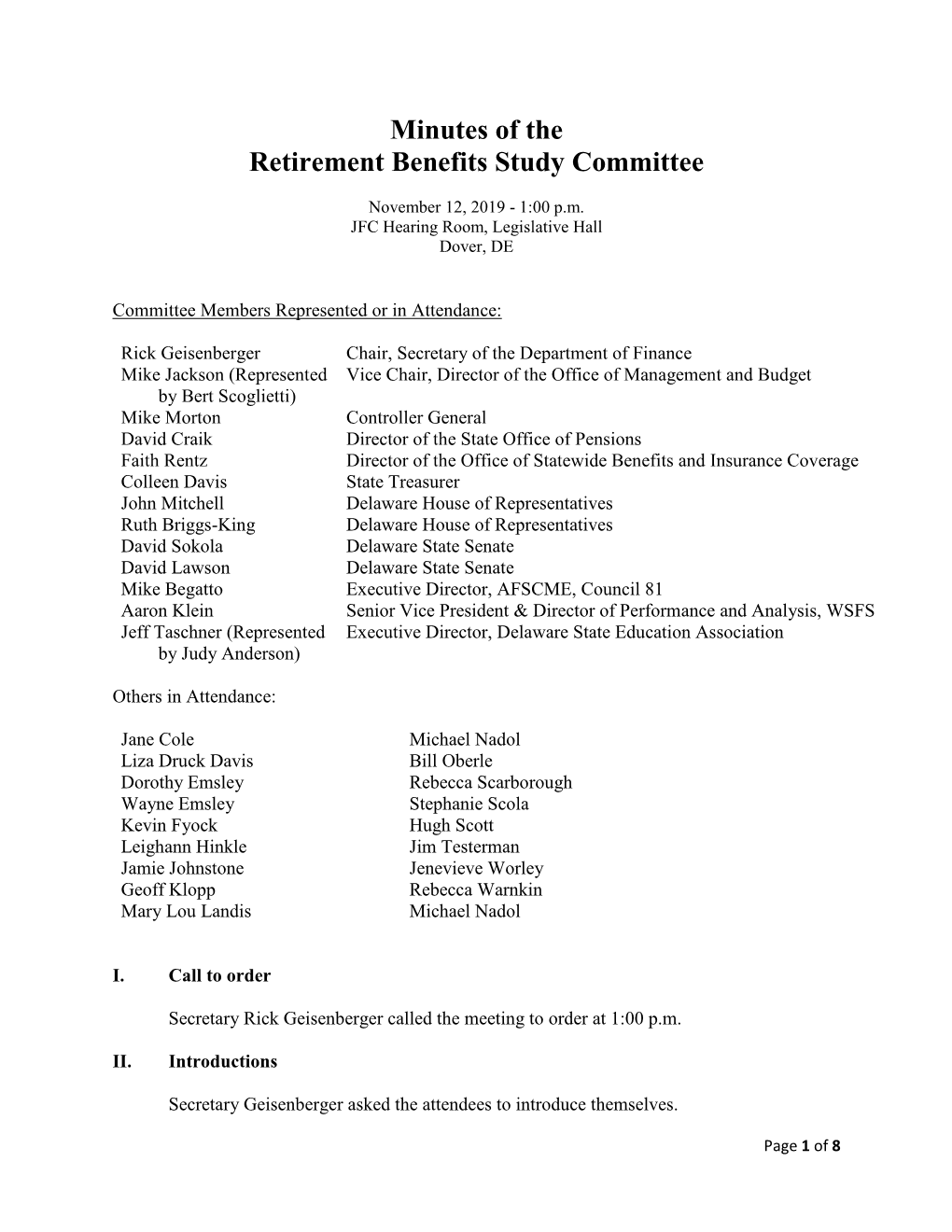 Minutes of the Retirement Benefits Study Committee