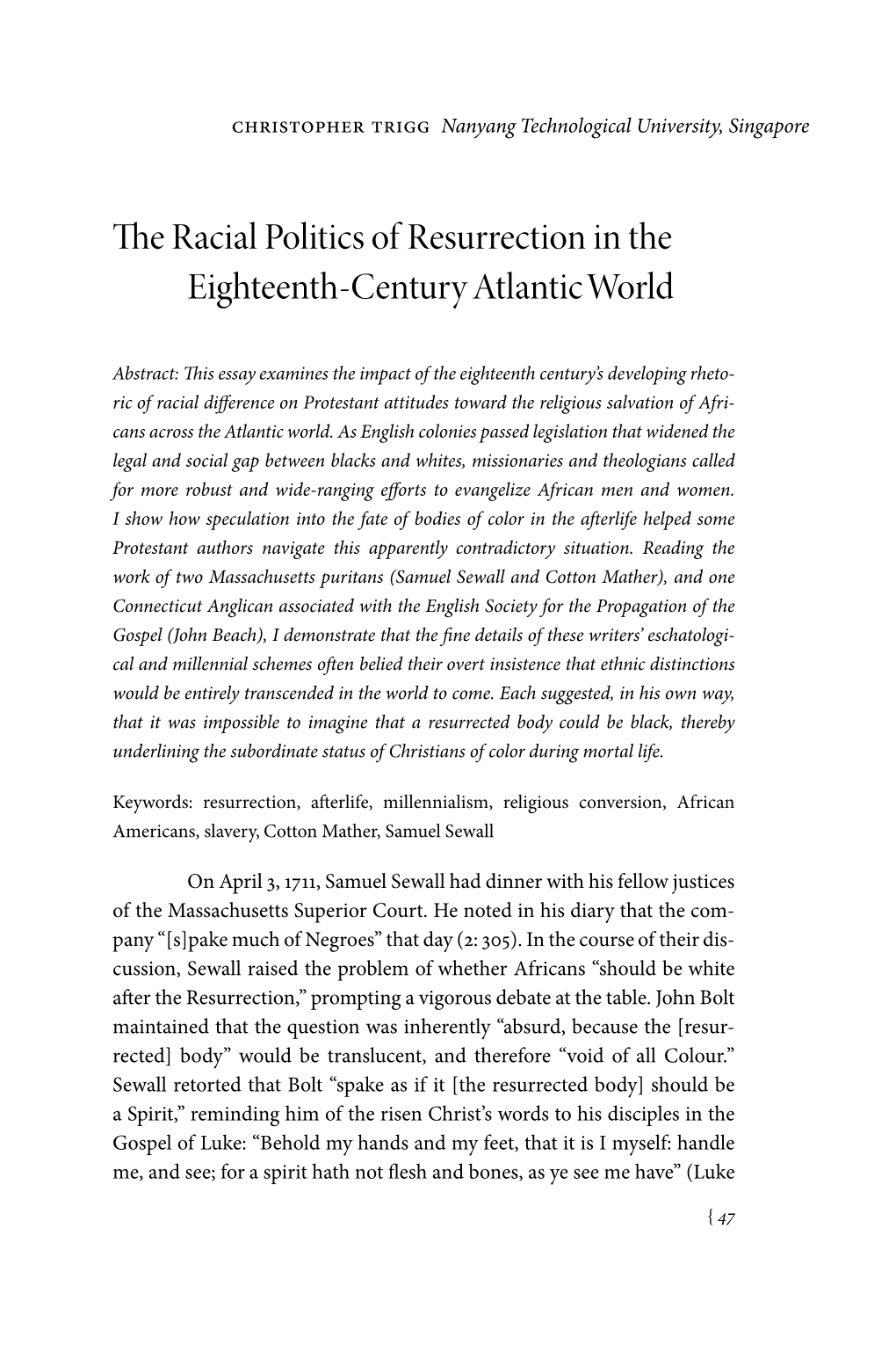 The Racial Politics of Resurrection in the Eighteenth- Century Atlantic World