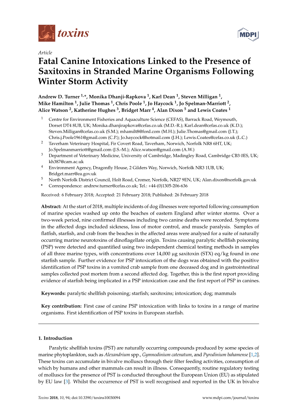 Fatal Canine Intoxications Linked to the Presence of Saxitoxins in Stranded Marine Organisms Following Winter Storm Activity