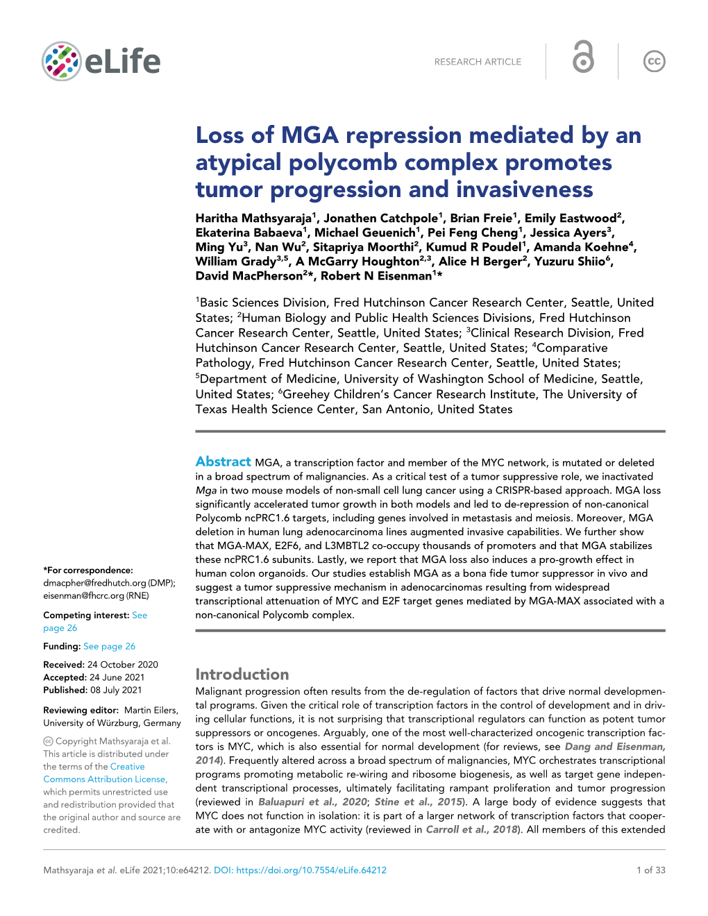 Loss of MGA Repression Mediated by an Atypical Polycomb Complex