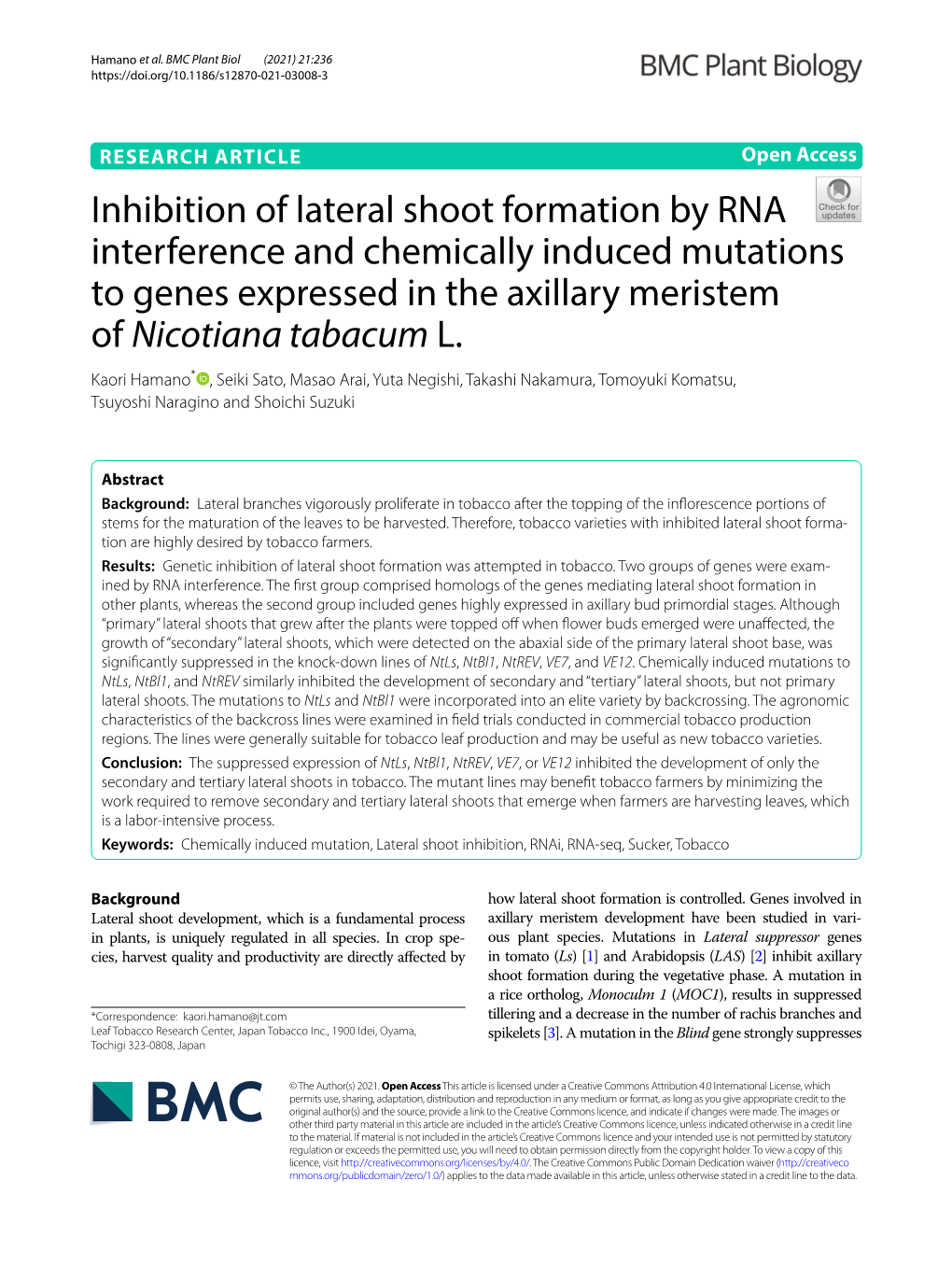 Inhibition of Lateral Shoot Formation by RNA Interference and Chemically Induced Mutations to Genes Expressed in the Axillary Meristem of Nicotiana Tabacum L