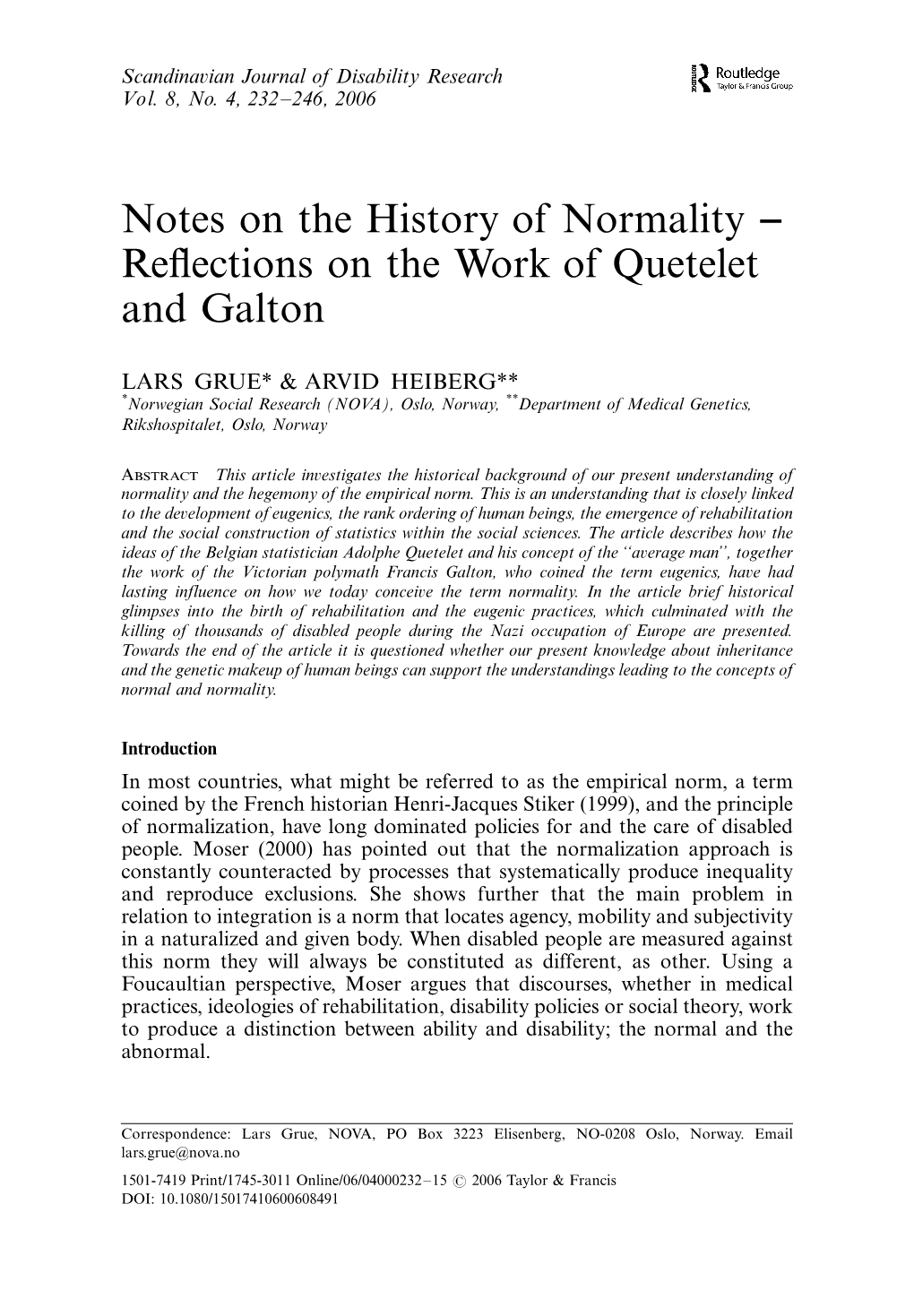 Notes on the History of Normality Á Reflections on the Work of Quetelet