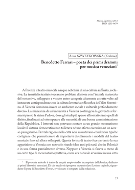 Benedetto Ferrari – Poeta Dei Primi Drammi Per Musica Veneziani1