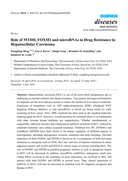 Role of MTDH, FOXM1 and Micrornas in Drug Resistance in Hepatocellular Carcinoma