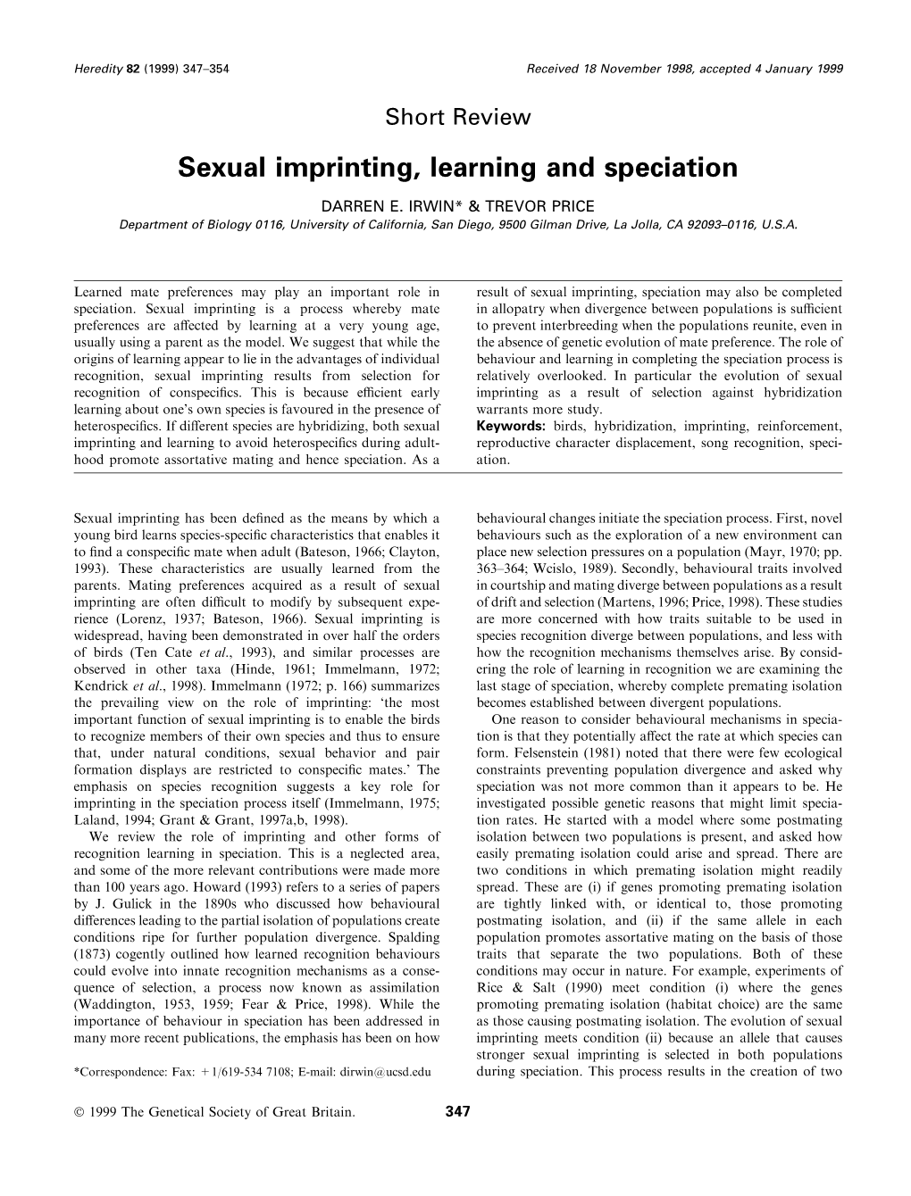 Sexual Imprinting, Learning and Speciation