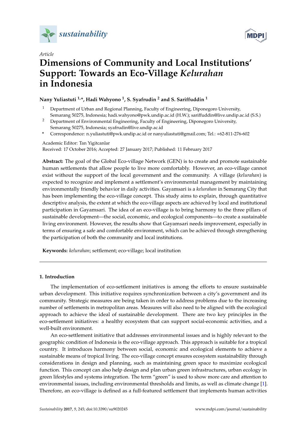 Dimensions of Community and Local Institutions' Support: Towards an Eco-Village Kelurahan in Indonesia