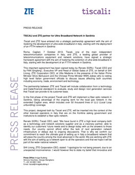 PRESS RELEASE TISCALI and ZTE Partner for Ultra Broadband