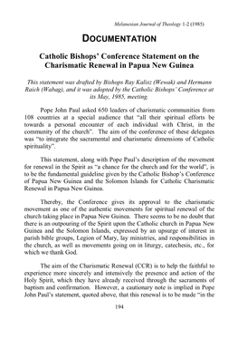 "Catholic Bishops' Conference Statement on the Charismatic