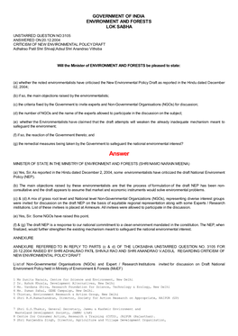 ANSWERED ON:20.12.2004 CRITICISM of NEW ENVIRONMENTAL POLICY DRAFT Adhalrao Patil Shri Shivaji;Adsul Shri Anandrao Vithoba