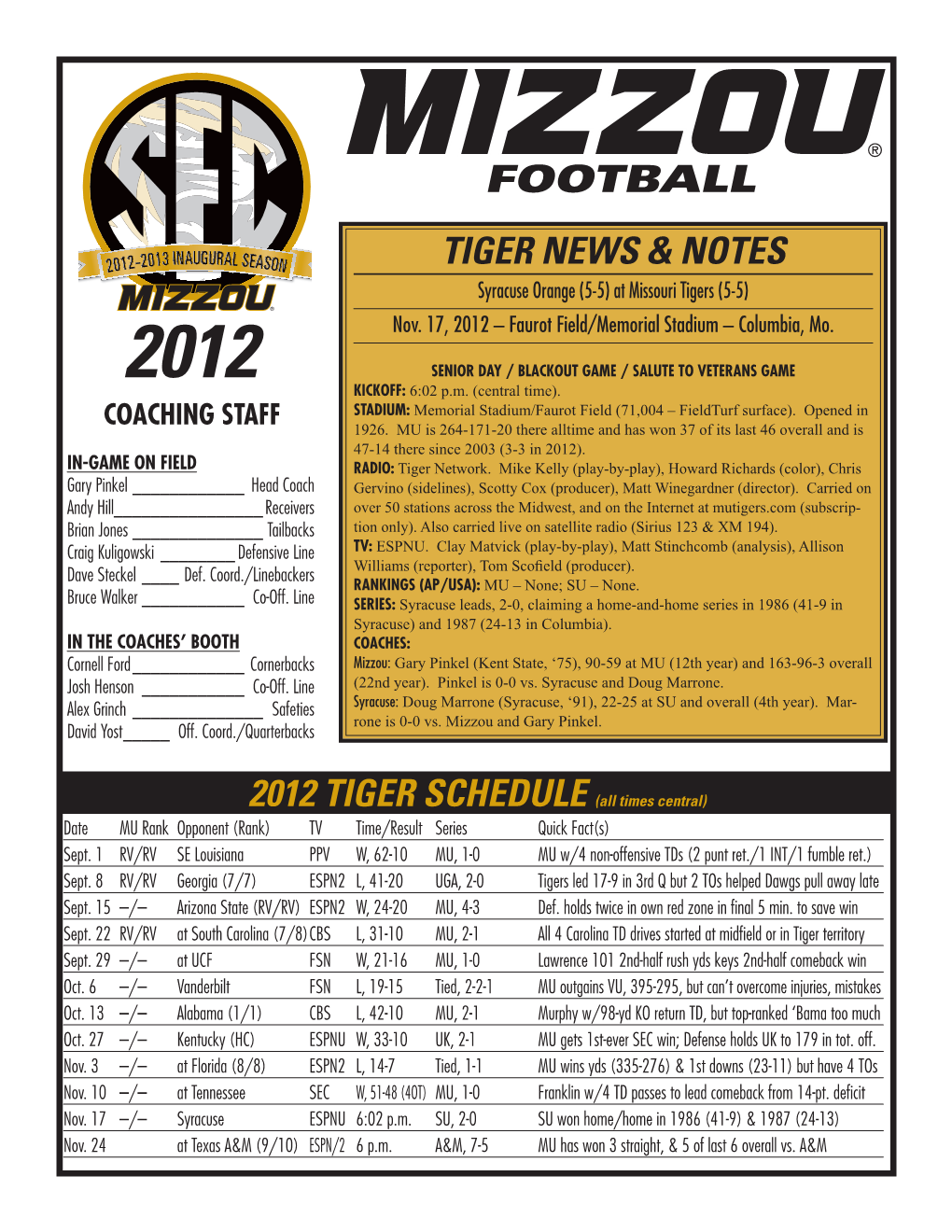 TIGER NEWS & NOTES 2012 TIGER SCHEDULE (All Times Central