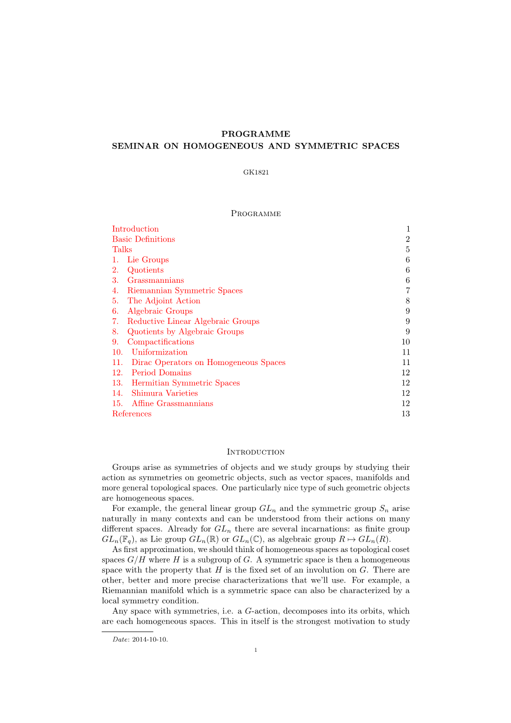 Seminar on Homogeneous and Symmetric Spaces