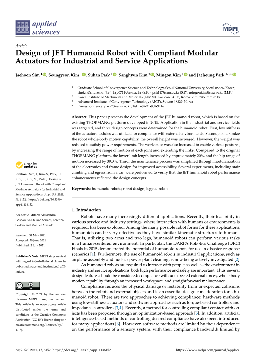 Design of JET Humanoid Robot with Compliant Modular Actuators for Industrial and Service Applications