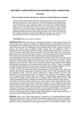 Kick Impact Characteristics for Different Rugby League Kicks