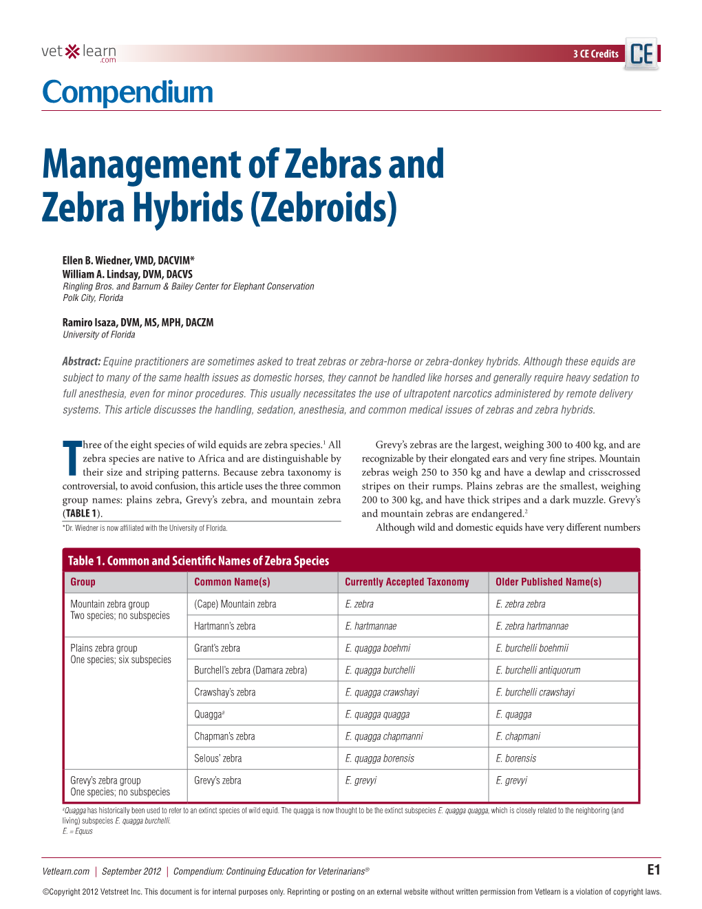 Management of Zebras and Zebra Hybrids (Zebroids)