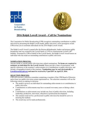 2006 Ralph Lowell Award—Call for Nominations