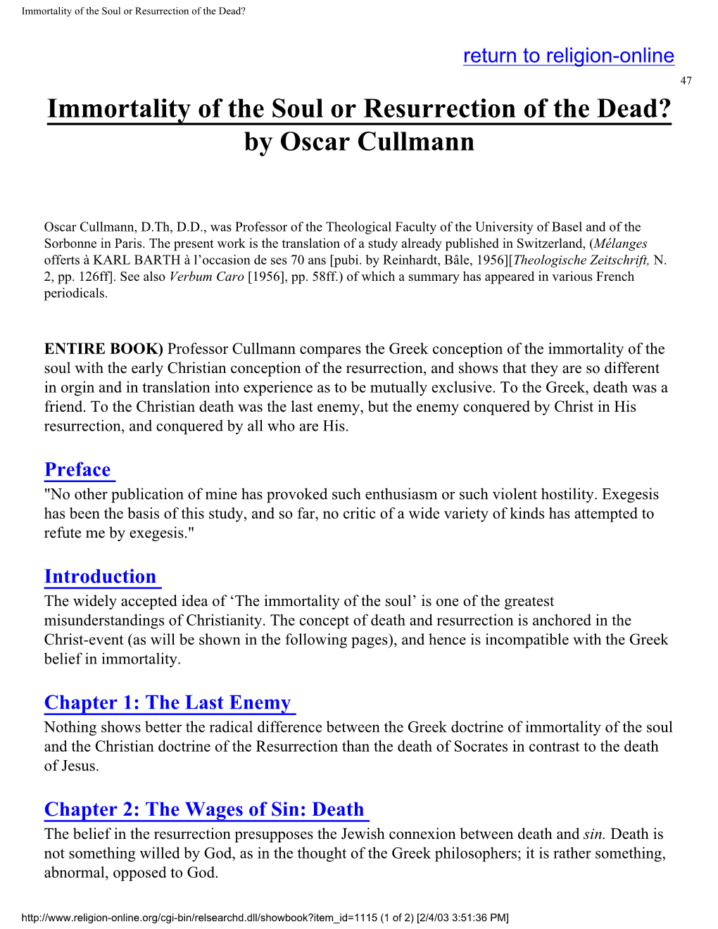 Immortality of the Soul Or Resurrection of the Dead? by Oscar Cullmann
