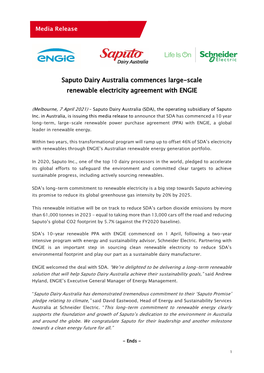 Saputo Dairy Australia Commences Large-Scale Renewable Electricity Agreement with ENGIE