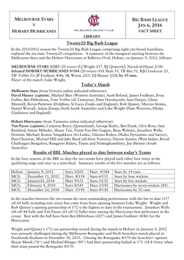 Melbourne Stars Big Bash League V Jan 6, 2016 Hobart Hurricanes Fact Sheet Library