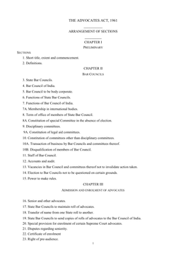 The Advocates Act, 1961 ______Arrangement of Sections ______Chapter I Preliminary Sections 1