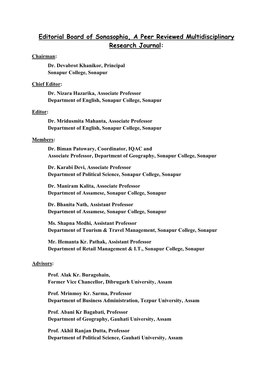 Editorial Board of Sonasophia, a Peer Reviewed Multidisciplinary Research Journal