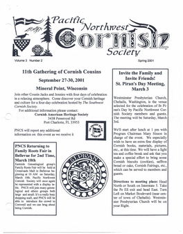 11Th Gathering of Cornish Cousins Invite the Family and September 27-30, 2001 Invite Friends! St