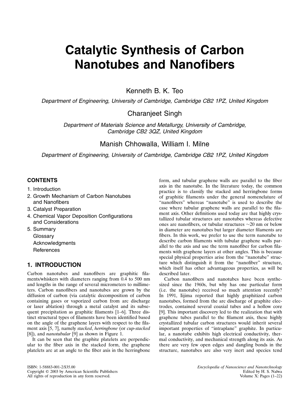 Catalytic Synthesis of Carbon Nanotubes and Nanofibers