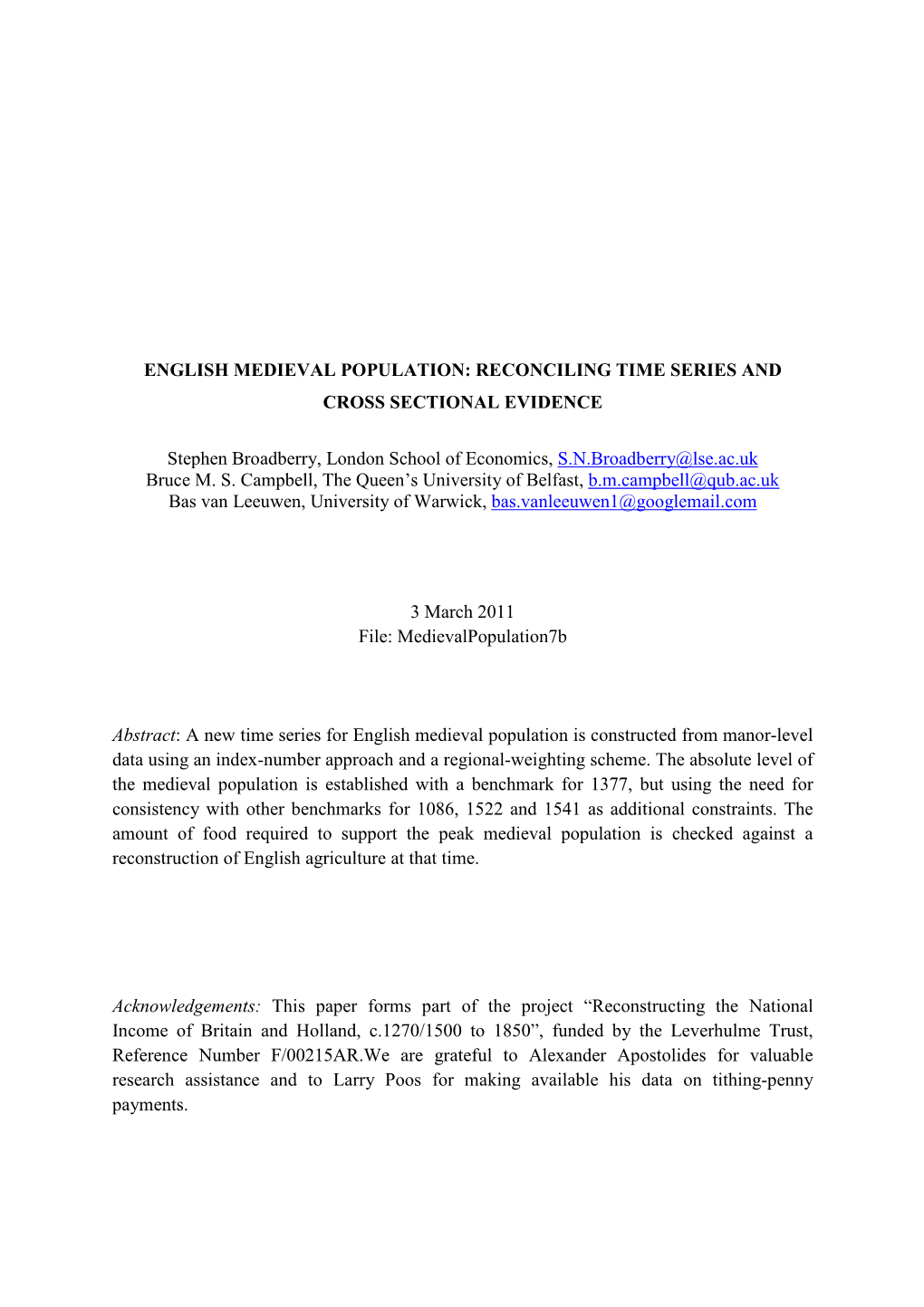 English Medieval Population: Reconciling Time Series and Cross Sectional Evidence