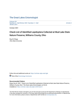 Check List of Identified Lepidoptera Collected at Mud Lake State Nature Preserve, Williams County, Ohio