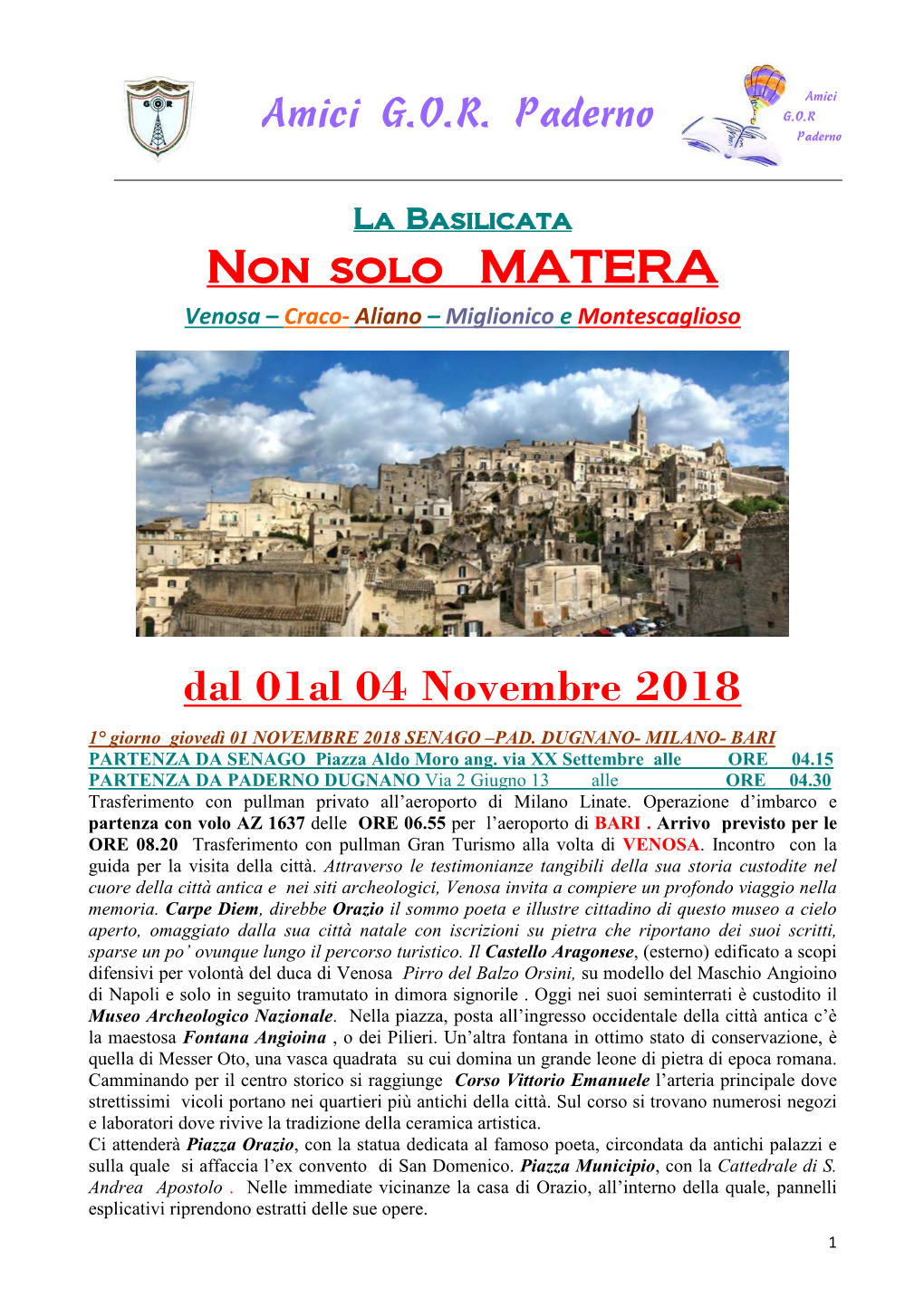 01-04 NOVEMBRE 2018 Basilicata- NON SOLO MATERA