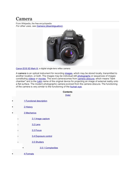 Camera from Wikipedia, the Free Encyclopedia for Other Uses, See Camera (Disambiguation)
