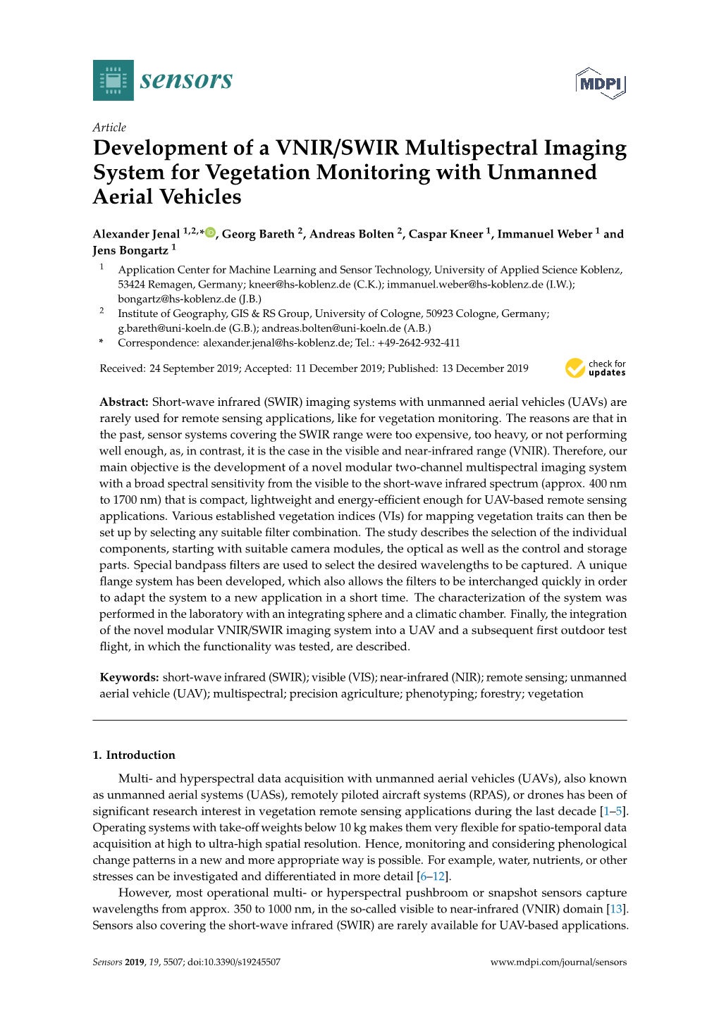 Development of a VNIR/SWIR Multispectral Imaging System for Vegetation Monitoring with Unmanned Aerial Vehicles