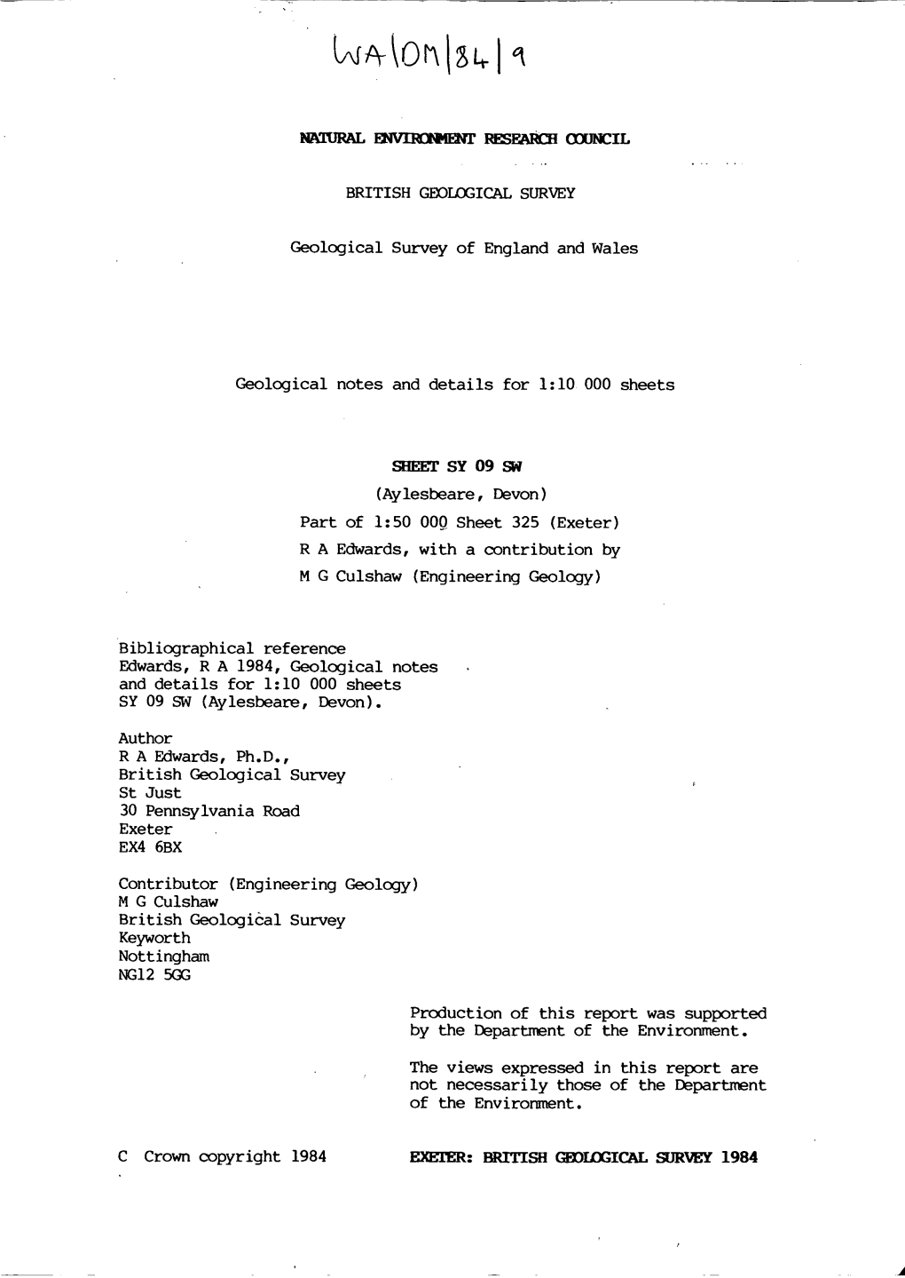 Aylesbeare, Devon) Part of 1:50 Oog Sheet 325 (Exeter) R a Edwards, with a Contribution by M G Culshaw (Engineering Geology)