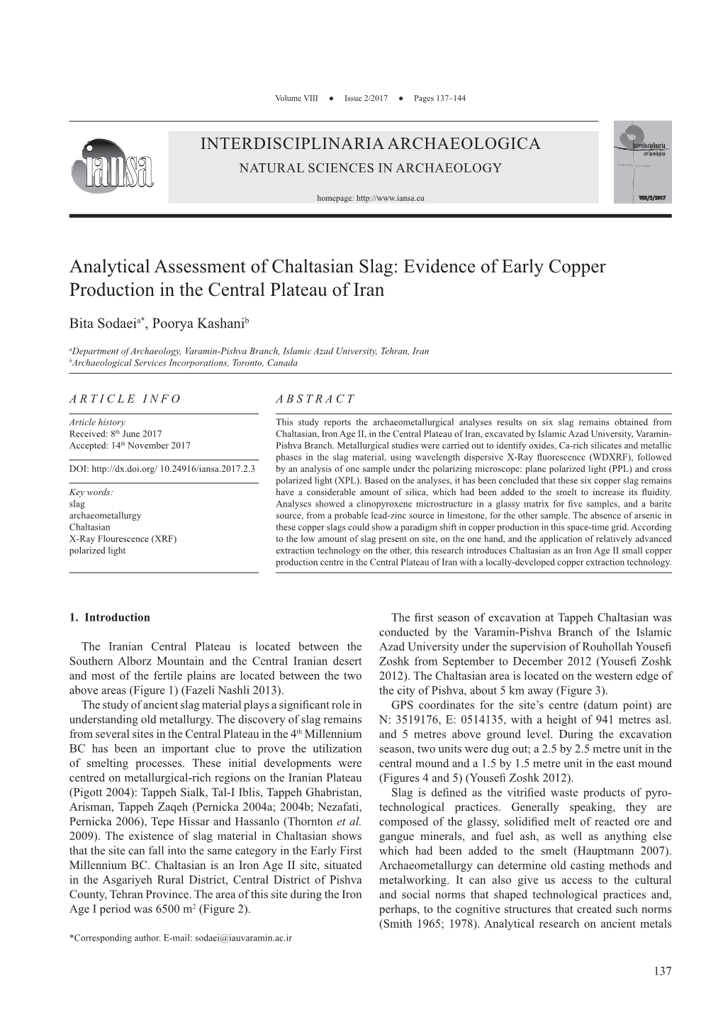 Analytical Assessment of Chaltasian Slag: Evidence of Early Copper Production in the Central Plateau of Iran