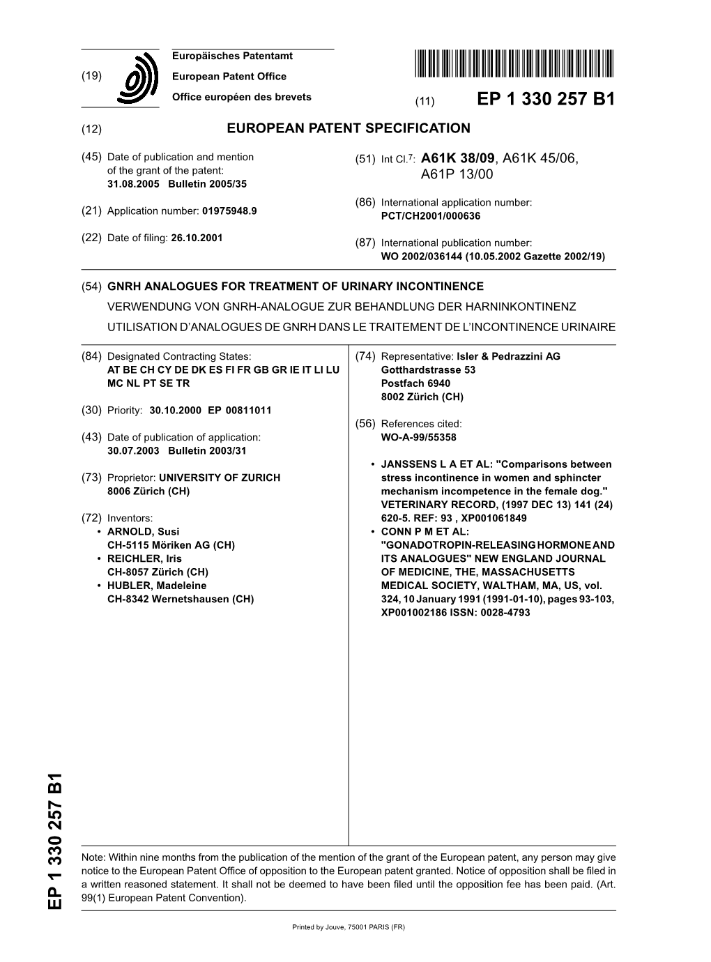 Gnrh Analogues for Treatment of Urinary