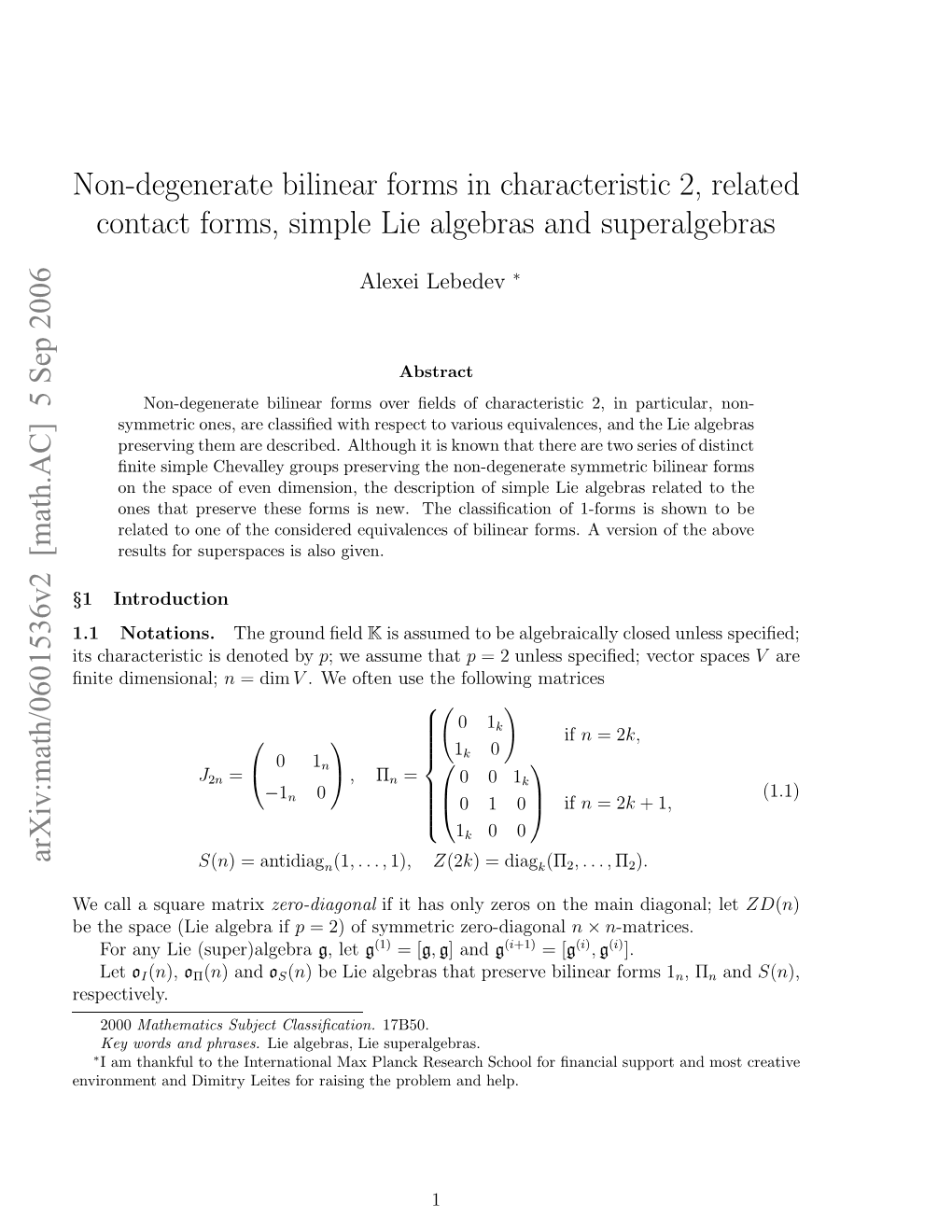 Arxiv:Math/0601536V2 [Math.AC] 5 Sep 2006 Nt Dimensional; ﬁnite Ecl Qaematrix Square a Call We T Hrceitci Eoe by Denoted Is Characteristic Its Notations