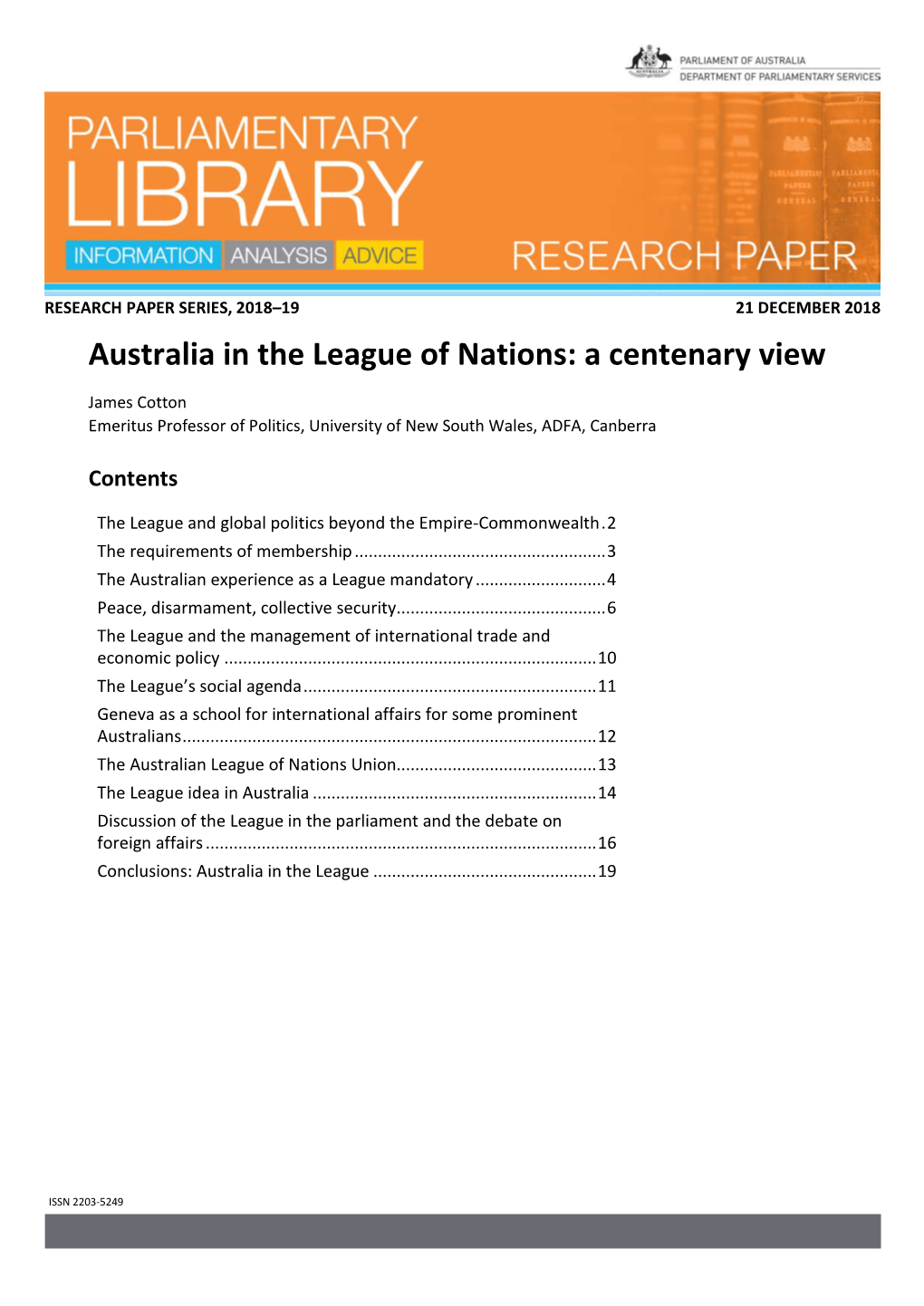 Australia in the League of Nations: a Centenary View